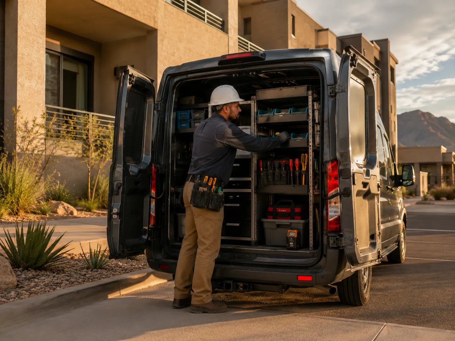 Technician organizing tools at the rear of a work van at golden hour