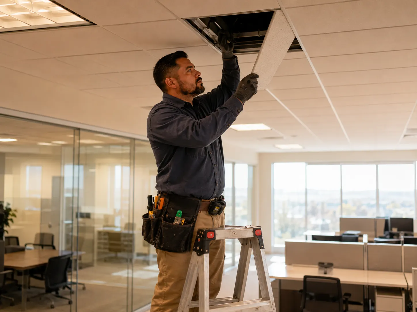 Technician on a step ladder servicing a ceiling fixture in a modern open-plan office