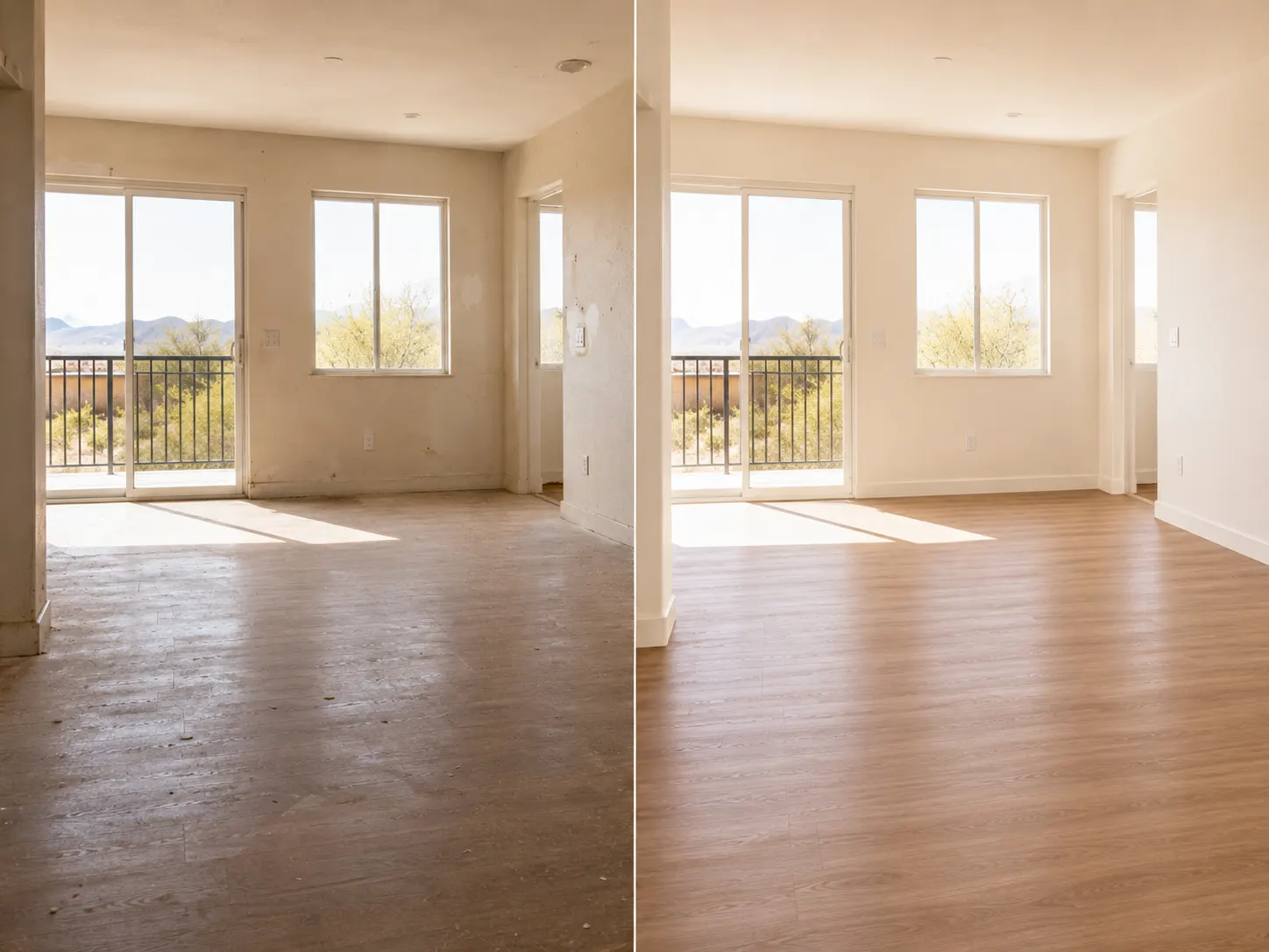 Empty apartment living room shown worn on one side and freshly painted on the other
