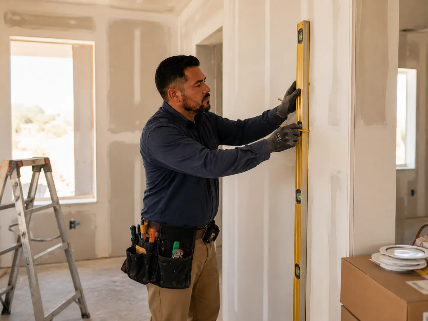 Technician levelling a partition wall in an office suite mid-renovation